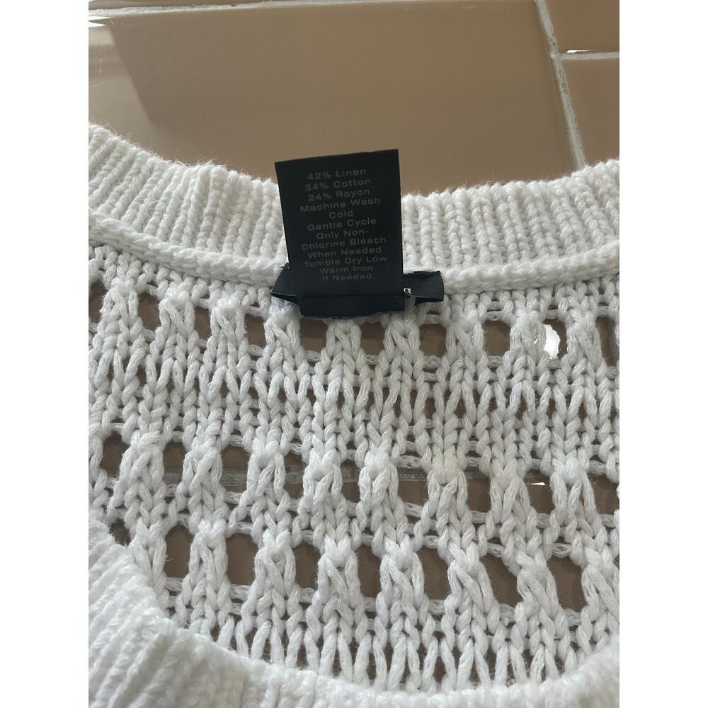 Ann Taylor White Linen Blend Open-Knit Short-Sleeve Sweater Ribbed Hem Size XL - Picture 5 of 5